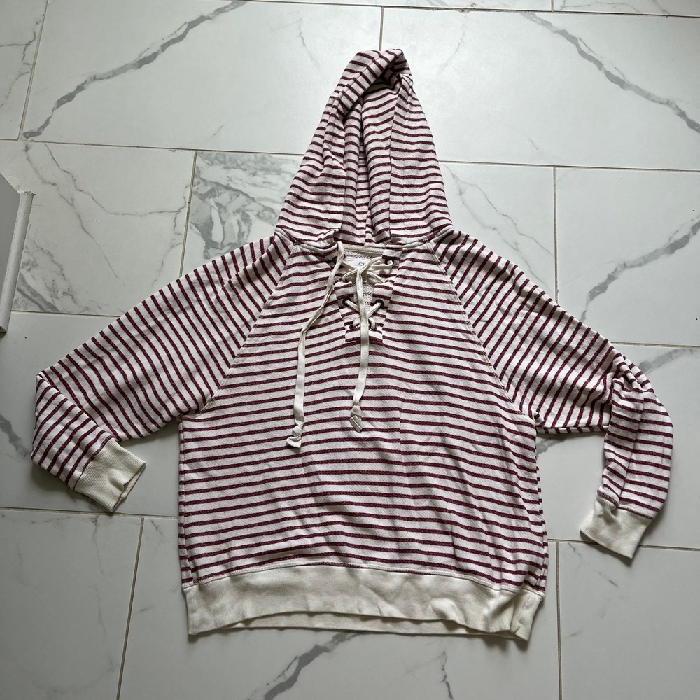 THE GREAT. The Tie Lace-Up Hoodie Brick Red Stripe size 1 / small